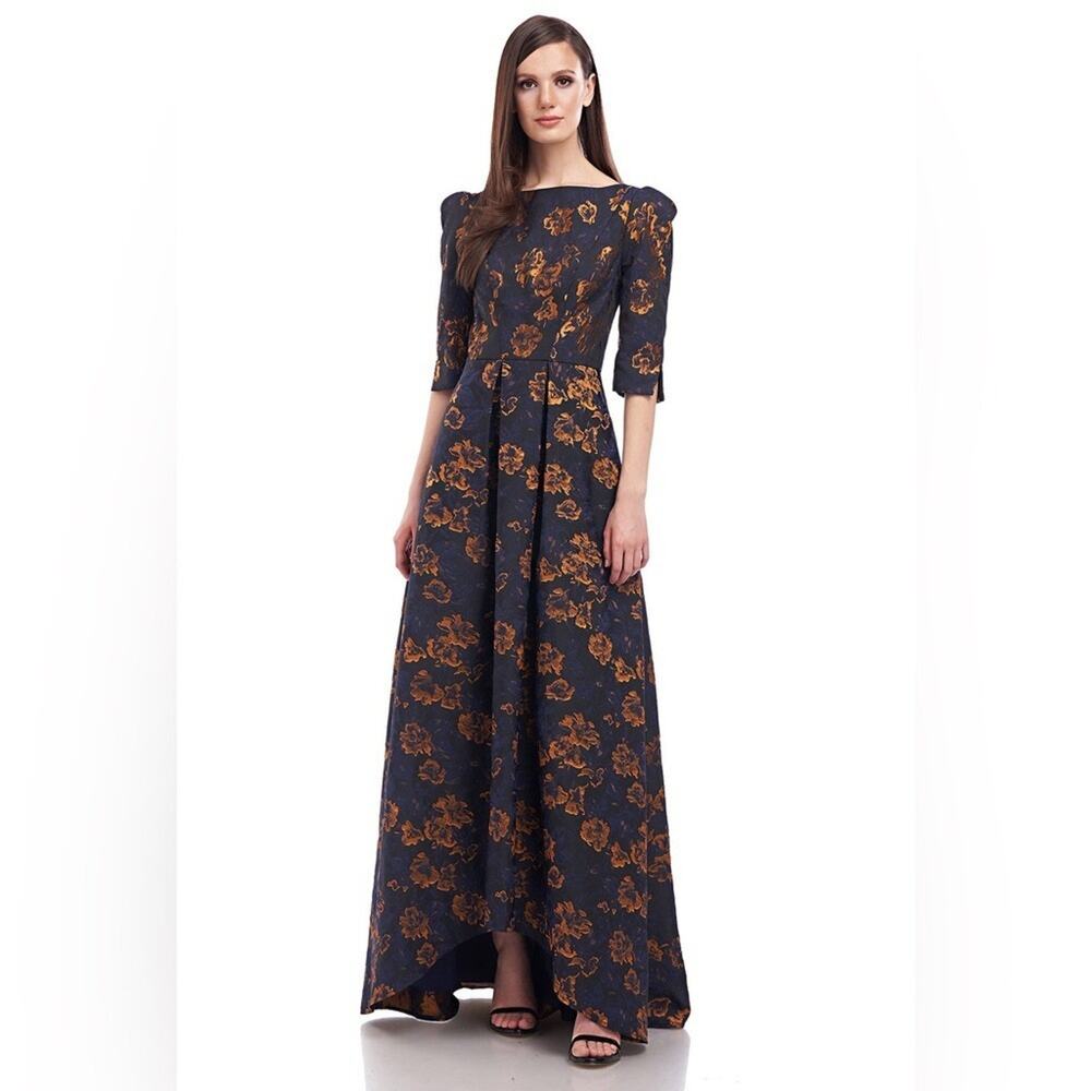 Kay Unger Bianca High Low Midnight Marigold Floral Maxi Dress NWT US 14 Evening